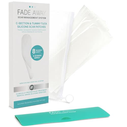 Fade Away Scars Silicone Scar Sheets for C-Section & Tummy Tuck – Reusable Medical Grade Silicone Scar Tape for Surgical Scars – Soft Scar Strips with Storage Pouch – Fade Away Silicone Scar Sheets