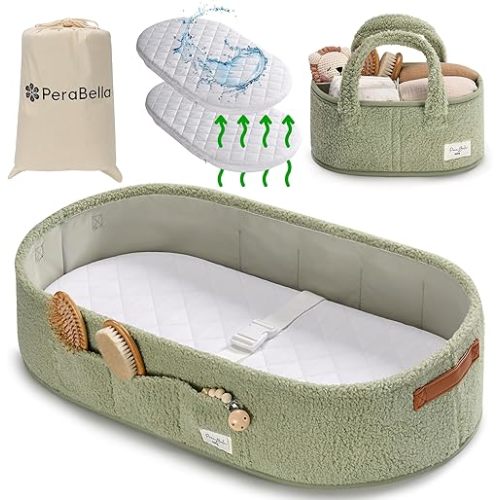 PeraBella Baby Changing Basket for Dresser Top, Baby Moses Basket for Newborn, Portable Diaper Changing Pad Table Topper for Dresser, Includes Diaper Caddy Organizer with Handle, Moses Bassinet Mat