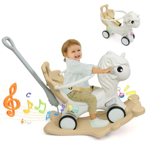 Wdmiya 4 in 1 Rocking Horse for Toddlers 1-3 Years Old, Baby Unicorn Rocking Toy Birthday Gift for Boy and Girl, Ride on Toy with Detachable Balance Board,Balance Bike with Push Handle, Khaki