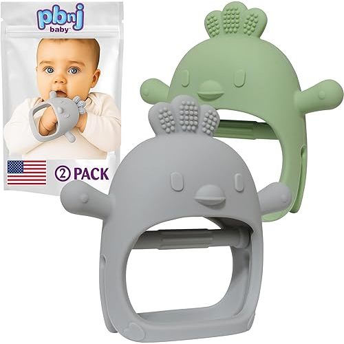 Silicone Teether Glove, Baby Toys 0-6 Months, Mittens for Infants use as Teething Pacifier, Teething Toys 3-6 Months, Teethers for Babies 6-12 Mon, 6 Mo Old Must Haves - 2 Pack Gray/Green