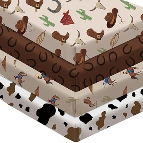 4 Pcs Western Crib Sheet Set Newborn Nursery Cowboy Crib Sheets for Standard Crib Toddler Mattress Baby Bedding Sheet Soft Breathable Crib Sheet for Boys Baby Gifts, 52 x 28 x 8 Inches