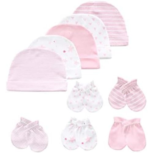 MAMIMAKA Baby Hat and Mittens Set Newborn Baby Hats Caps for Baby Boys Girls 0-6 Months 100% Cotton