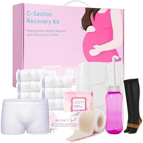 SOFTCA C Section Recovery Must Haves Kit - Peri Bottle,Disposable Mesh Underwears,Witch Hazel Pad Liners,Silicone Scar Patches, Abdominal Belly Binder,Socks,C-Section Recovery Essentials Kit