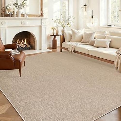 Garvee Modern Solid Washable Rug 8x10 Area Rug for Living Room Woven Textured Ultra-Thin Mat Non Slip Non-Shedding Indoor Floor Cover Foldable Farmhouse Carpet for Bedroom Office Dining Room Tan