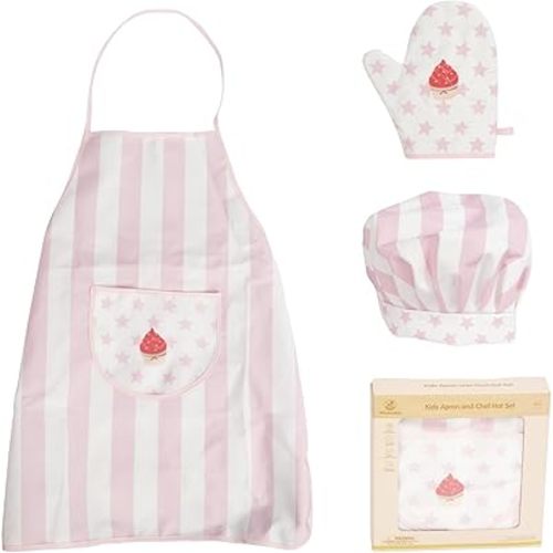 Kid Apron and Chef Hat Set, 3 Pcs Children Cooking Baking Set Kits Role Play Chef Toy Kid Cooking Gift for Girls Boys (Pink)
