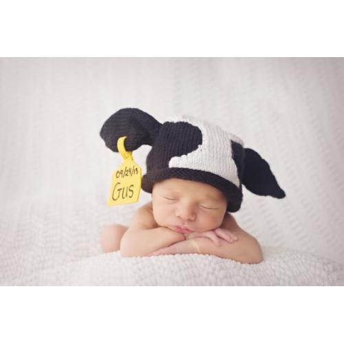 Original Knitted Newborn Cow Hat with identification and birthdate tag   Designed and created by Pamela Husereau