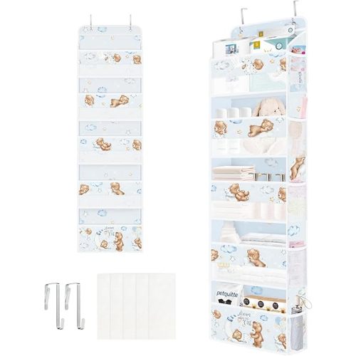 Clastyle Animals Over The Door Organizer Star Nursery Hanging Storage Organizer for Kids Clothes Diaper Toy Closet Door Hanging Shelf Storage for Bedroom Bathroom Pantry, Bear, 5-Tier