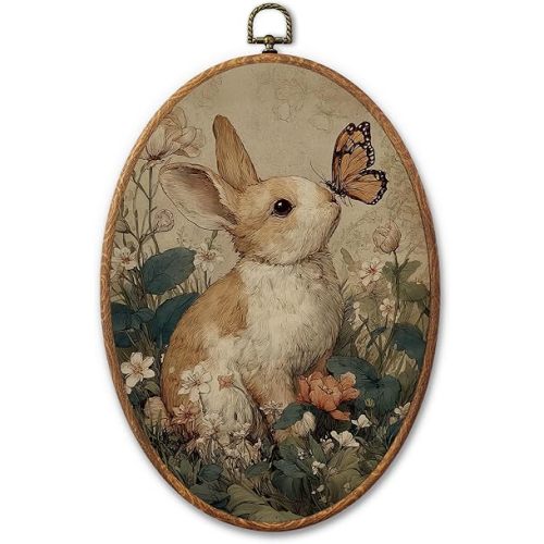 GMCDFHRQ Vintage Easter Bunny Oval Wall Decor, 8.3" x 11.6" Nature Rabbit with Butterfly on Nose Wall Art, Framed Sepia Tone Botanical Print (007)
