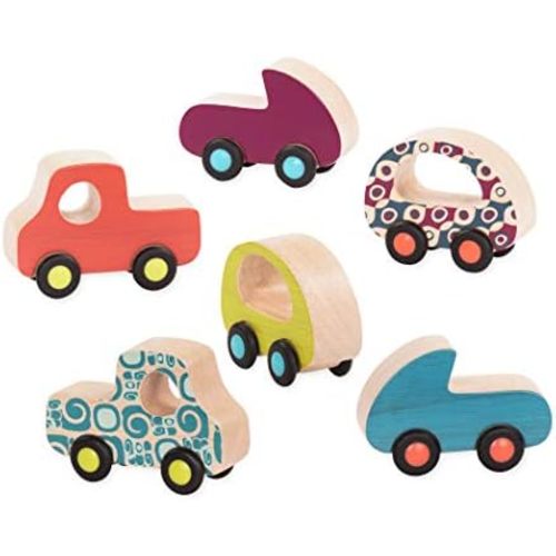 B. toys Wooden Toy Cars Set, Free Wheee-Lees, 6 Mini Vehicles, Wood Toys