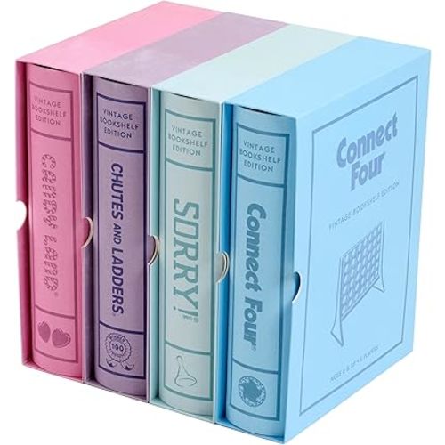 WS Game Company Candy Land, Chutes and Ladders, Connect Four, and Sorry! Vintage Board Game Bookshelf Collection, Family Classic Board Games for Kids, Elegant Fabric-Wrapped Book Storage, for Ages 3+