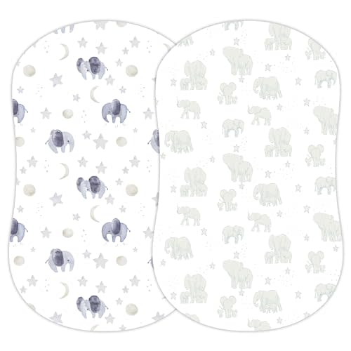 Baby Bassinet Sheets for Boy, Girl (Watercolor Elephants) 2-Pack - Fitted Bedside Bassinet Sheets - Buttery Soft Cotton Blend for Standard Mattress Pad - Compatible with Halo BassiNest