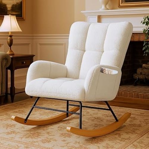 COMHOMA Nursery Rocking Chair, Teddy Upholstered Glider Rocking Chair with Side Pockets, Accent Chair with High Backrest Reading Chair for Adult, Nursery, Bedroom, Living Room,Offices (White)