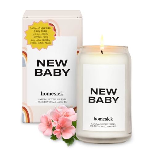 Homesick Scented Candles for Home (New Baby) - 13.75 oz Long-Lasting Natural Soy Wax Blend Jar Candle Gifts & Couples Baby Shower Favors, 60-80 Hours Burn Time - Notes of Geranium & Vanilla