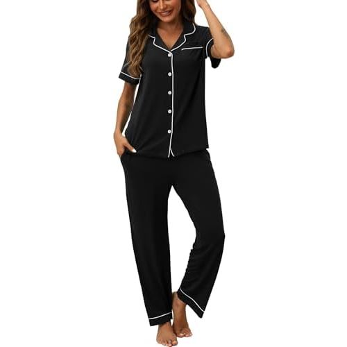 HNG Women Pajamas Set 2 Piece Button Up Pajamas Pant and Short Sleeve Shirt for Woman Pj Sets with Pocket