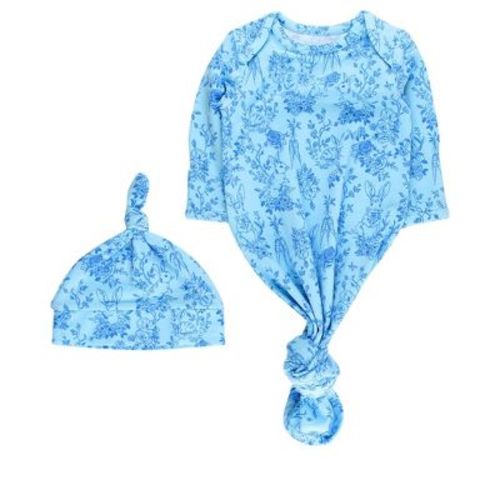 RuffleButts Modal Blend Newborn Knotted Sleep Gown & Hat Set - Blue Cottontail Toile, Newborn-3m
