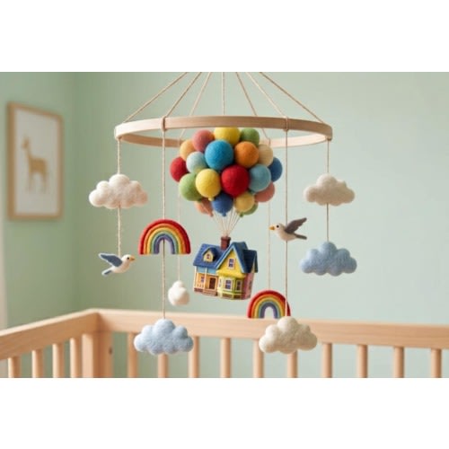 Balloon House Baby Mobile – Premium Wool Felt Nursery Decor, Rainbows, Clouds & Soaring Birds