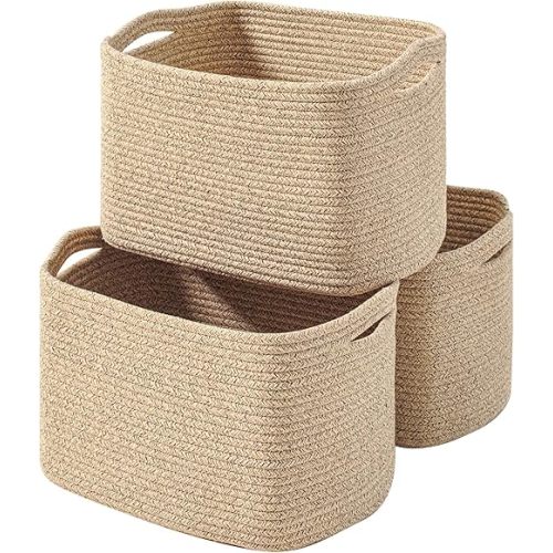 ICERZCZ Decorative Storage Baskets for Organizing Shelves, Toy Basket for Nursery, Woven Cotton Rope Baskets for Decor, Towel Basket for Bathroom, 15"x11"x9.5", 3 Packs, Brown