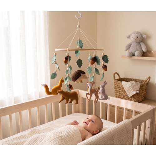 Woodland Baby Mobile for Crib, Felt Forest Animals Fox Deer Squirrel Hedgehog Bunny, Unisex Nursery Decor, Baby Shower Gift, Newborn Present