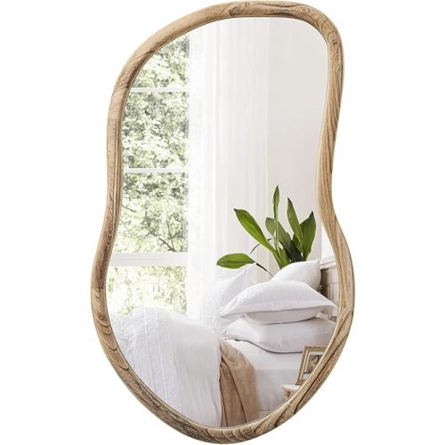Irregular Wall Mirror Wood Asymmetrical Mirror Large Bathroom Vanity Mirrors Natural Wood Framed Abstract Mirrors for Wall Living Room Bedroom Decorative