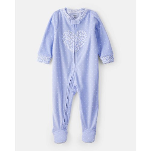 Baby Girl Heart Print Loose Fit Long-Sleeve 2-Way Zip 1-Piece Pajamas - Blue | Carter's