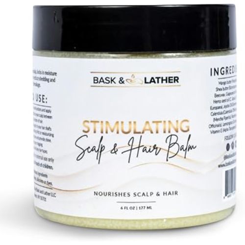 BASK & LATHER Stimulating Scalp and Hair Balm for Hair Growth, Mango & Shea Butter, Nourishing Jojoba Oil, Peppermint & Rosemary Oil, Vitamin E, Scalp Care, Hair Care, Moisture, Shine & Strength, 6 oz