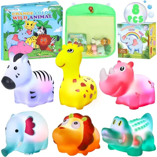 Light Up Bath Toys for Toddlers Kids Baby Boys Girls, No Hole Mold Free Bath Toys with Bath Book & Organizer, Glow Bath Time Toys for Bathrooms Pool, Bathtub Toys Gift for Toddlers Kids Baby Infants