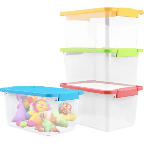 Storage Bins,4 Pack Small Stackable Plastic Cubby Containers with Lids 5 QT Storage Cubbies Plastic Storage Containers for Classroom Book Bin Toy Organizers for Classroom Organizers (Mixed Color)