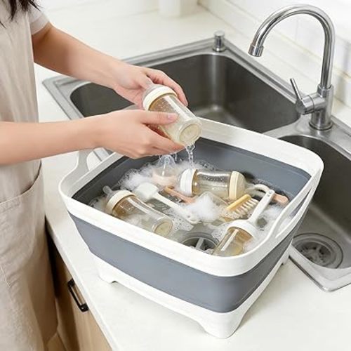 FOSJGO Collapsible Dish Basin with Drain Plug, 2.4 Gal (9L) Space-Saving Foldable Sink, Wash Basin for Kitchen, Baby Bottles, Vegetable Washing, Camping, RV and Party Beverage Tubs (gray)