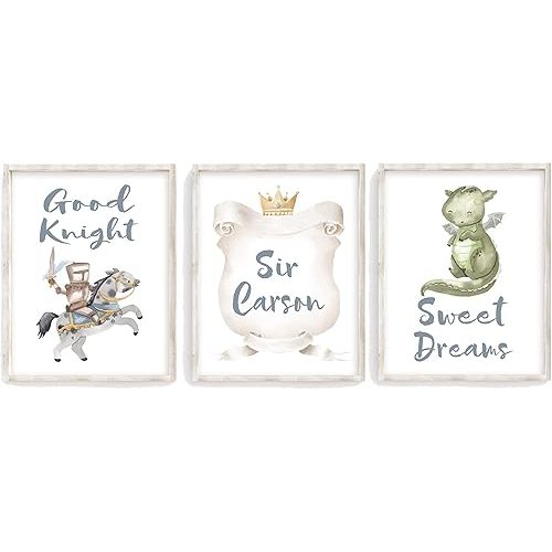Personalized Watercolor Fairytale Knight Dragon Nursery Set of 3 Unframed Prints, Good Knight Sweet Dreams