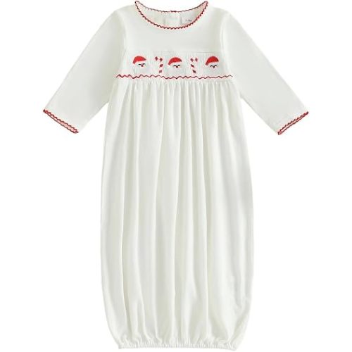 Sasaerucure Newborn Baby Girl Boy Christmas Outfit Santa Claus Sleepwear Smocked Long Sleeve Nightgown Pajama Sleeper