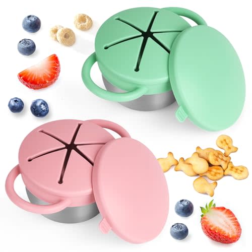 Daximo 2 Pack Snack Cups for Toddlers Spill Proof - Detachable Stainless Steel Toddler Snack Cups with Silicone Lids & Handles - Dishwasher Safe Snack Container (Green and Pink)