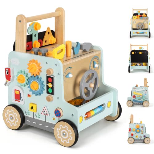Wooden Baby Walker, Tool Bench Push Toy for Toddlers 18M+ | Baby push walker with wheels, Montessori activity center, shape sorter, gears, steering play, toy tools and storage