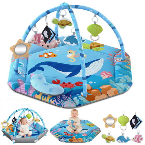 JoyStone 8 in 1 Infant Play Gym with 6 Detachable Toys, Washable Activity Mat, Pink, Ages 0-18M