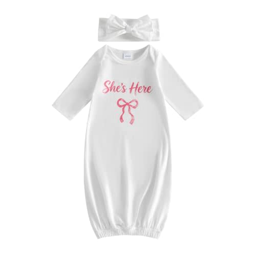 fhutpw Newborn Baby Girls Cotton Sleeper Gown She Is Here Nightgown Pajamas | Infant Long Sleeve Baby Gowns with Bow Headband Coming Home Outfits Gifts Stuff Essential