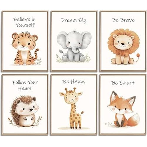 Myzoran 6pcs Safari Animal Nursery Wall Art Affirmation Posters for Children's Room, Jungle Animal Wall Decor, Baby Animal Pictures Motivational Quotes Canvas Print for Baby Kids Room 8x10 In Unframed