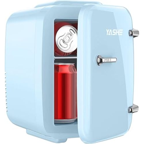 YASHE Mini Fridge, 4 Liter/ 6 Cans Small Refrigerator for Bedroom, 110V AC/ 12V DC Thermoelectric Cooler and Warmer for Drink Office Dorm Car, Blue