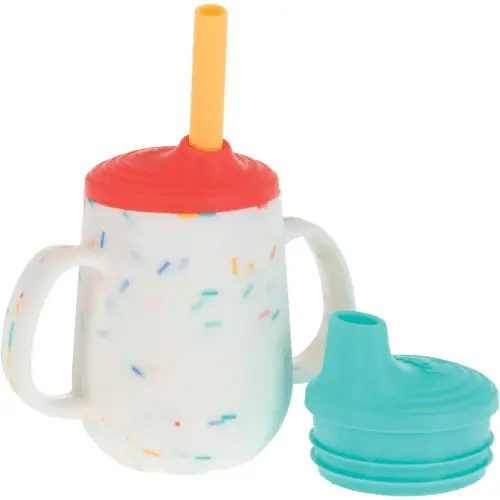 Nuby 3-Stage Training Cup Set - Silicone Tumbler with Spout and Straw Combo - 4 oz - 6+ Months - Coral and Sprinkles