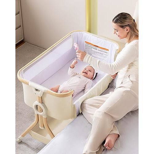 Larex Baby Bassinet Bedside Sleeper Crib Co Sleeper for Newborn Infant Toddler with Mosquito Net, Storage Bag & Basket, 5-Height Adjustable, Movable Wheels, Breathable Mattress & Mesh (Khaki)