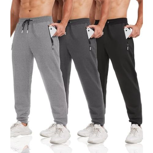 3 Pack Sweatpants for Men Tapered Mens Joggers Pants with Zip Pockets Slim Fit Running Gym Sweat Pants Gifts for Men