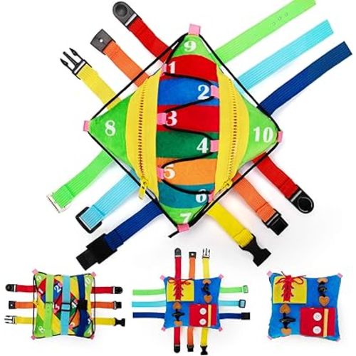 teytoy Sensory Buckle Pillow Toys for Toddlers,Travel Toys for Toddlers 1-3 Learning Fine Motor Skill & Problem Solving,Montessori Sensory Fidgets for Kids Threading Counting Zipper-12 Basic Skill