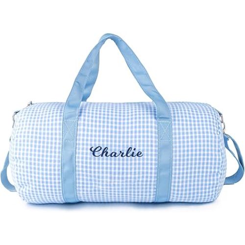 MT WORLD Kids Duffle Bag Personalized Toddler Weekender Duffle Bag with Name - Blue Checkered Toddler Travel Duffel with Removable Strap - Custom Child Gifts for Dance Ballet Baby Shower Birthday