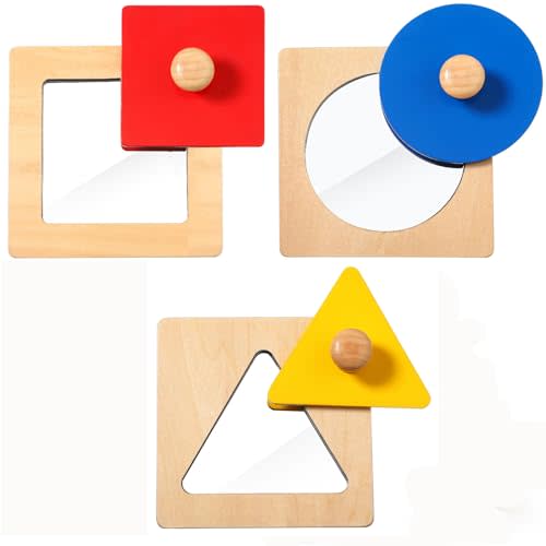 Civaner 3 Pcs Montessori Toys for Toddlers 1-3 Mirror Peekaboo Knob Puzzle Colorful Mirror Wooden Geometric Shape Puzzles for Baby Birthday Gifts Preschool Learning Toys