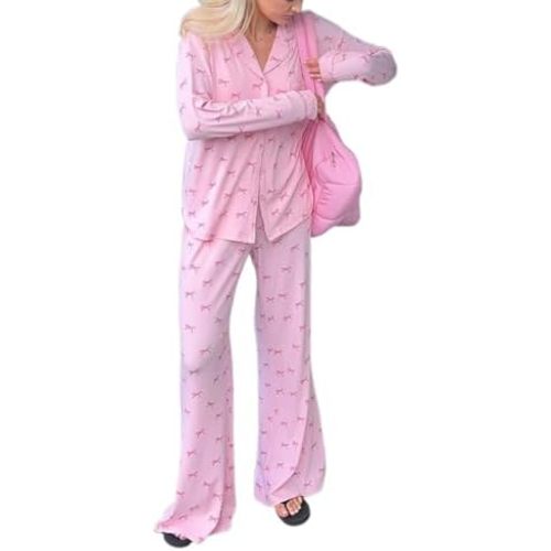 Bocymolay Women 2 Piece Pajamas Set Y2k Printed Button Long Sleeve Shirt Wide Leg Pants Loungewear Pjs Outfits