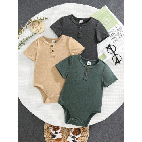 Loomiva 3pcs Baby Boy/Girl Casual All-Match Versatile Minimalist Comfortable Loose Fit Round Neck Short Sleeve Knit Bodysuit, Suitable For Spring/Summer Indoor & Outdoor | SHEIN USA