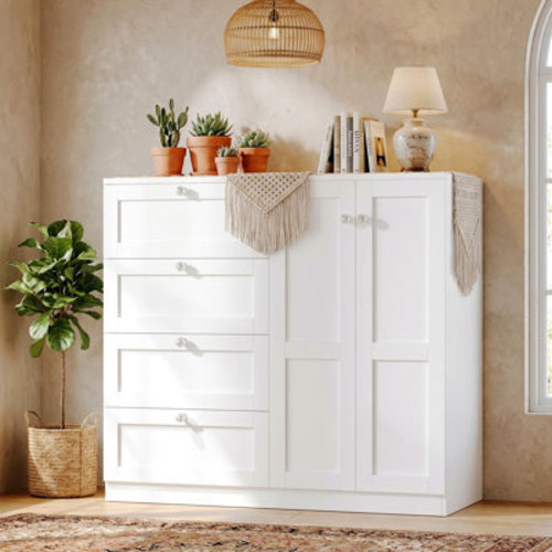 Latitude Run® Wood Armoire Wardrobe Closet Cabinet With 4 Drawers, 2 Doors And Hanging Rod | Wayfair