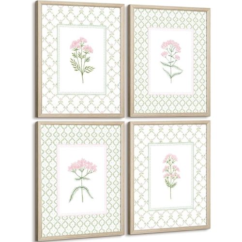 Nursery Girl Floral Wall Art Wildflower Baby Room Canvas Wall Decor Pink Green Flower Prints Poster Watercolor Pastel Botanical Picture Painting Nursery Artwork for Girls Bedroom 12x16x4 Inch Framed