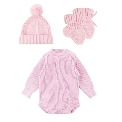 3Pc Newborn Knitted Soft Romper Set with Matching Hat and Socks
