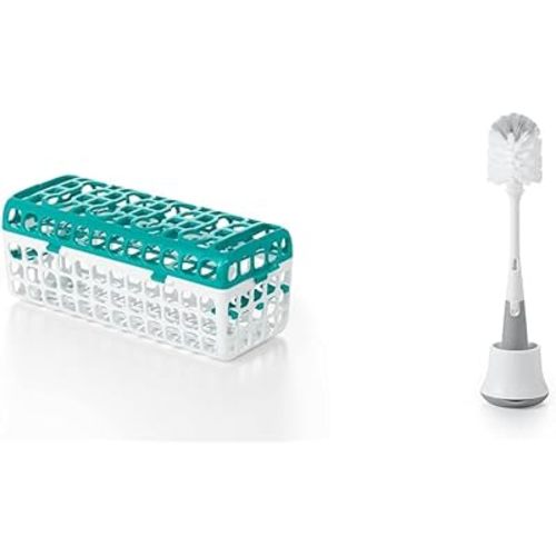 OXO Tot Dishwasher Basket for Bottle Parts & Accessories, Teal, 1 Count (Pack of 1) & Tot Bottle Brush with Nipple Cleaner and Stand - Gray