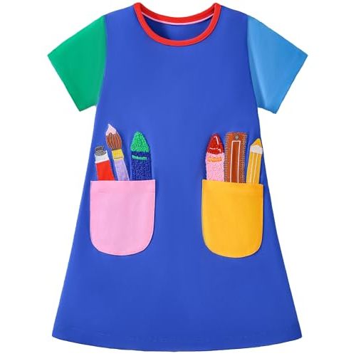 FreeLu Girls Cartoon Appliques Dress Cotton Summer Short Sleeve Dresses Casual Jersey Skirt