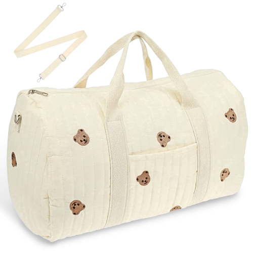 Quilted Diaper Bag Tote, Quilted Cotton Hospital Bag for Labor and Delivery, Large Travel Duffel Bag for Women with Luggage Sleeve, Beige